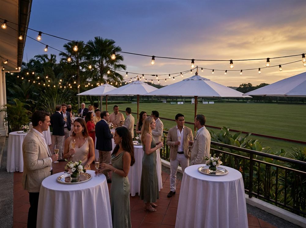 Guests at dinner tables under festoon lights on the clubhouse lawn