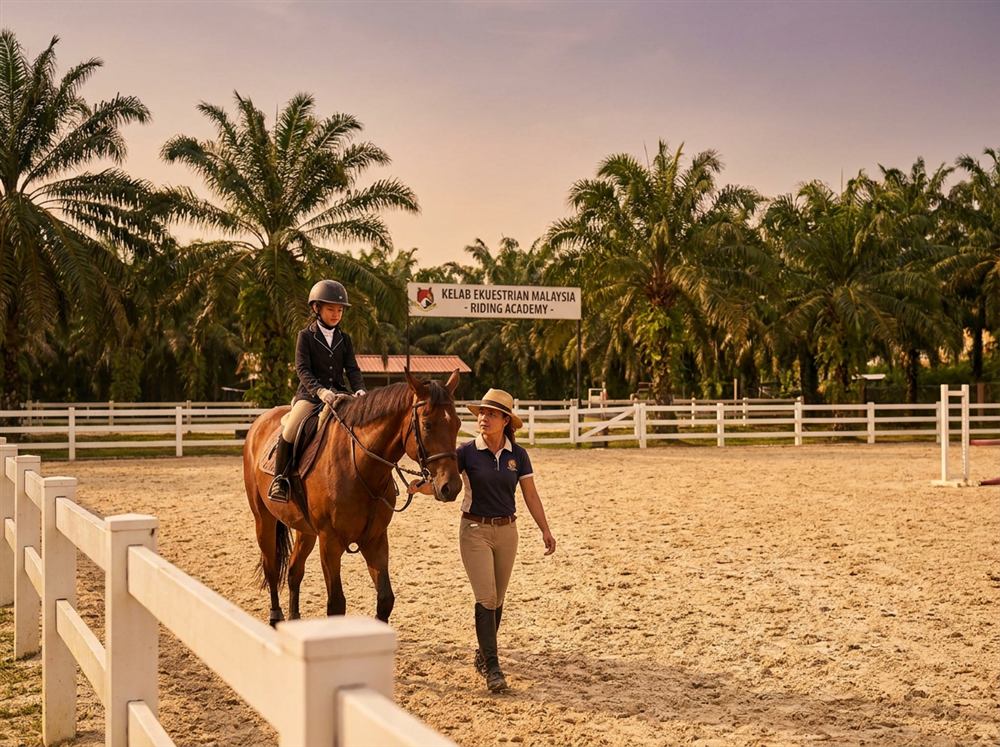A rider leading her horse across a sand riding school