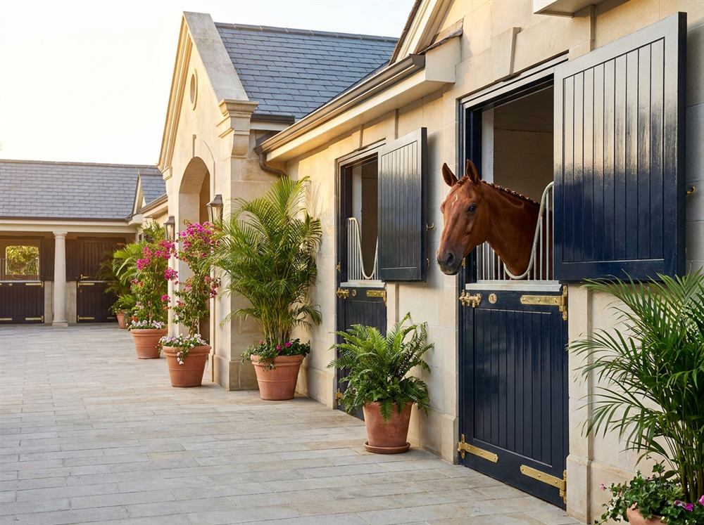 A horse looking out over a stable door in a whitewashed yard