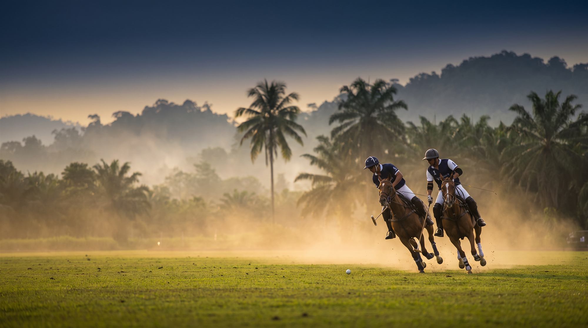 Two polo players riding hard across the field at dusk, with palm trees behind
