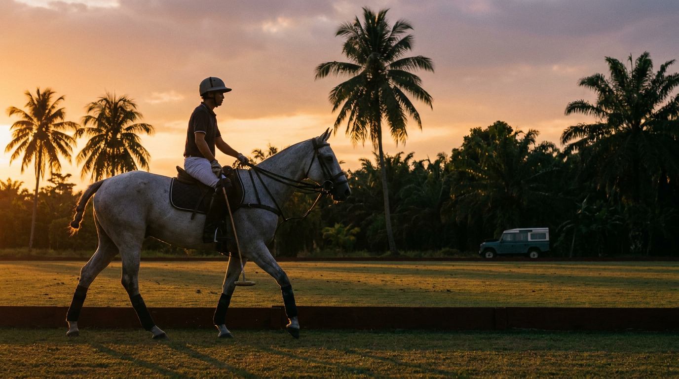 A polo player on a bay horse walking through a palm plantation at sunset