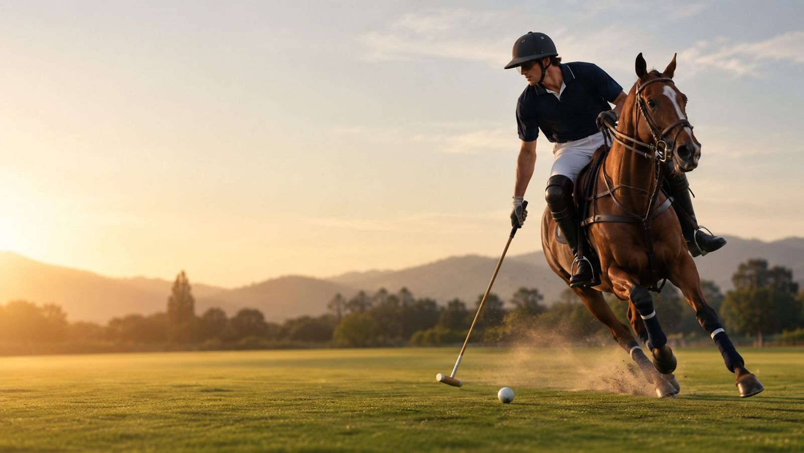 A polo player galloping at golden hour
